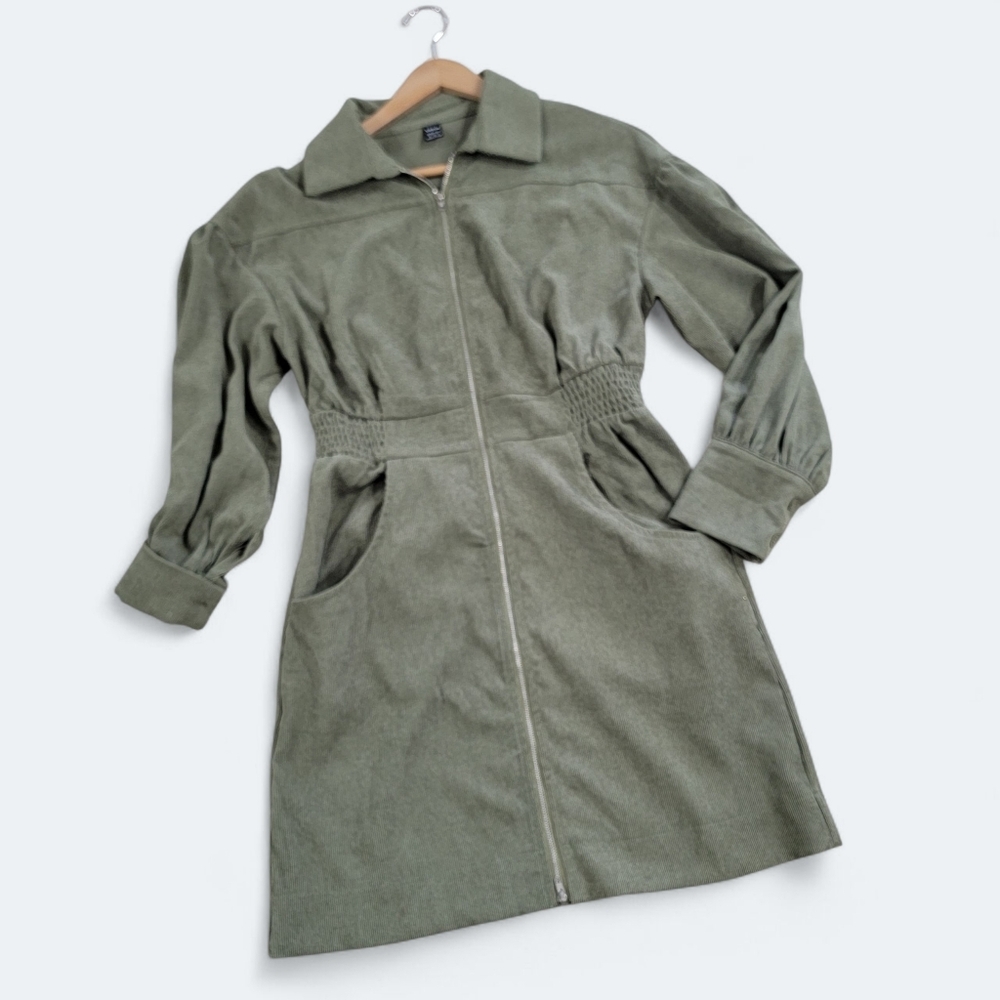 SHEIN Olive Green Zip-Front Shirt Dress
